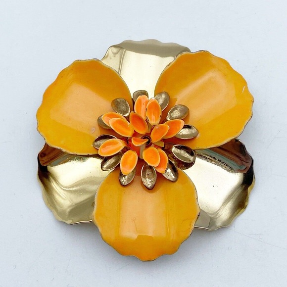 Vintage Jewelry - Vintage Orange Enamel Gold Tone Flower Brooch Dimensional Retro 50s 60s 2.5"